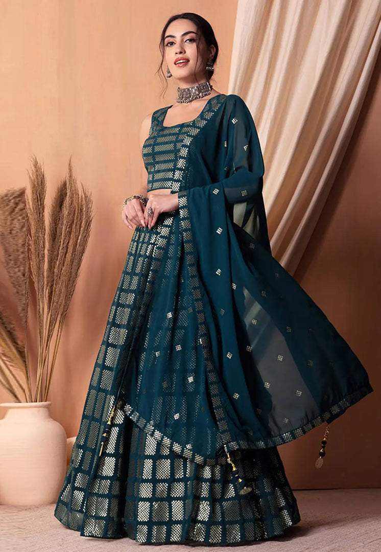 Teal Georgette A Line Lehenga Choli