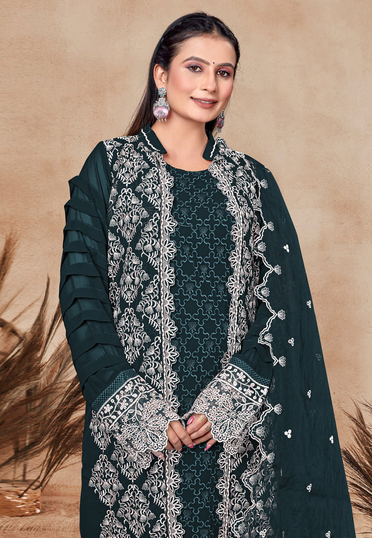 Teal Georgette Embroidered Jacket Style Suit