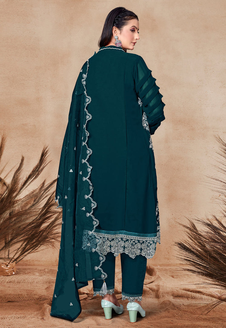 Teal Georgette Embroidered Jacket Style Suit