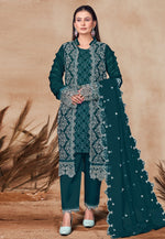 Load image into Gallery viewer, Teal Georgette Embroidered Jacket Style Suit
