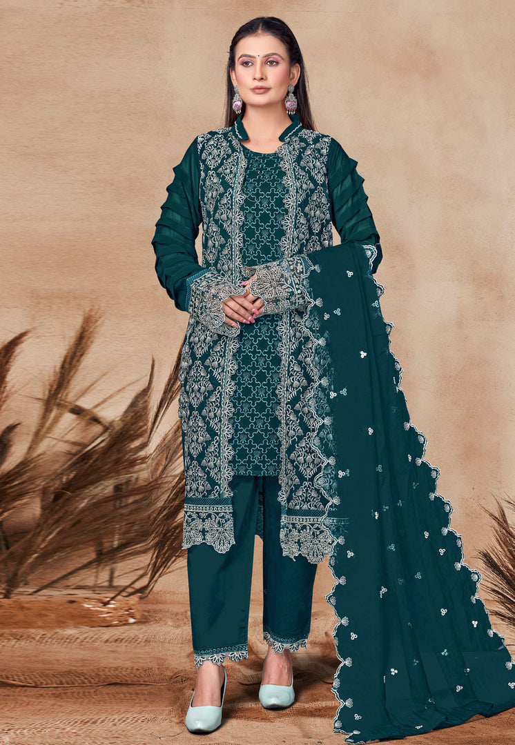 Teal Georgette Embroidered Jacket Style Suit