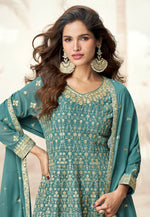 Load image into Gallery viewer, Teal Georgette Embroidered Palazzo Suit
