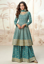 Load image into Gallery viewer, Teal Georgette Embroidered Palazzo Suit
