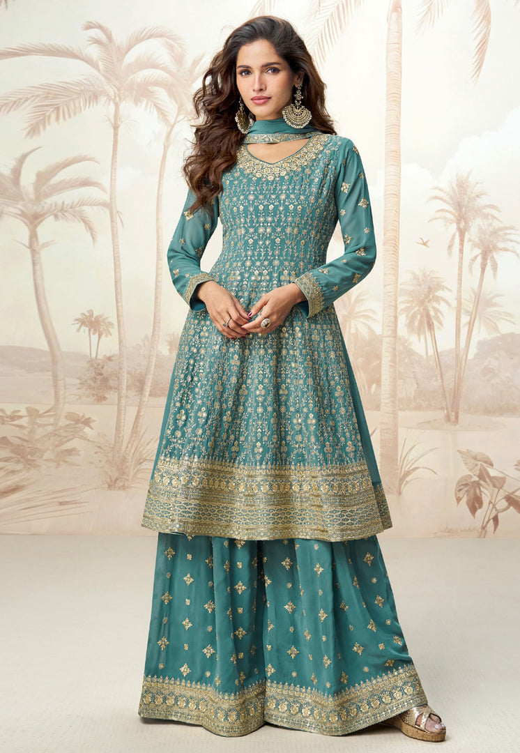 Teal Georgette Embroidered Palazzo Suit