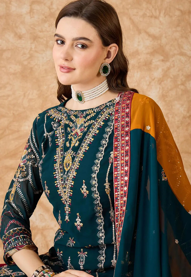 Teal Georgette Long Choli Lehenga