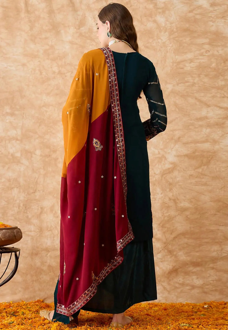 Teal Georgette Long Choli Lehenga