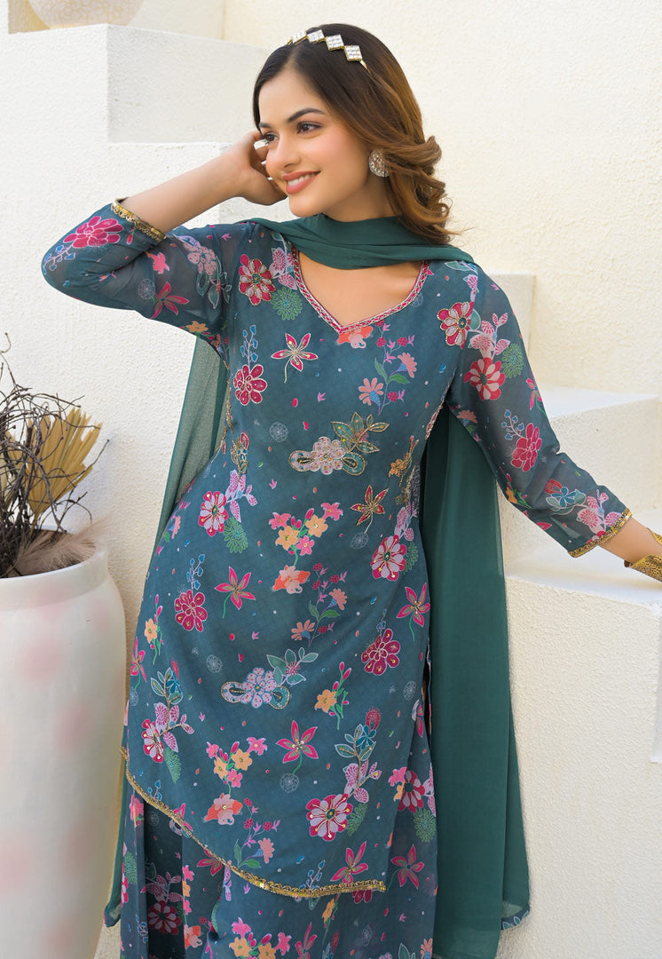 Teal Georgette Readymade Pakistani Suit