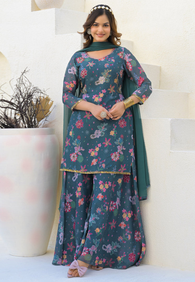 Teal Georgette Readymade Pakistani Suit