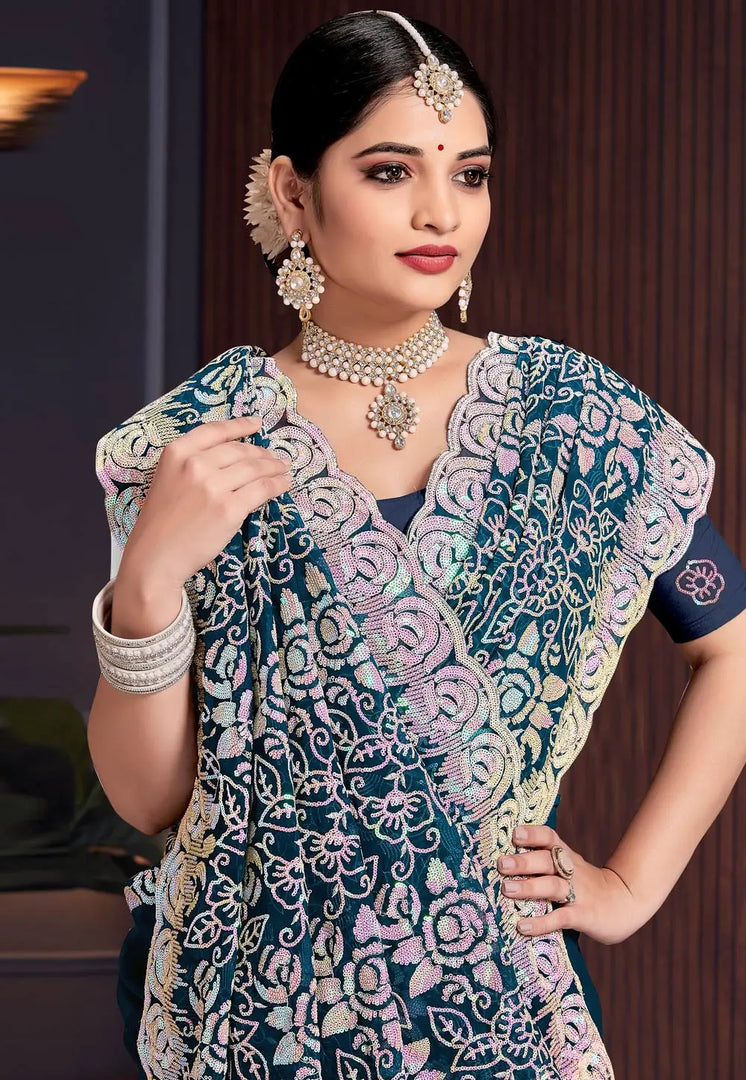 Teal Georgette Saree With Blouse
