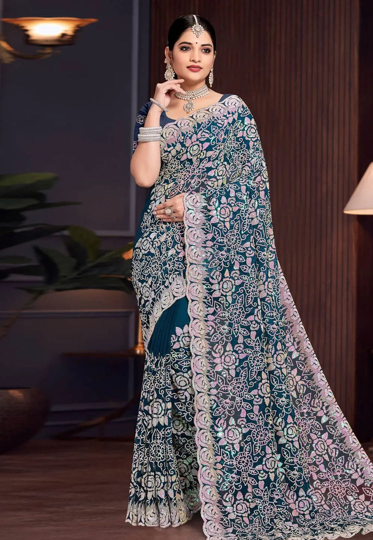 Teal Georgette Saree With Blouse