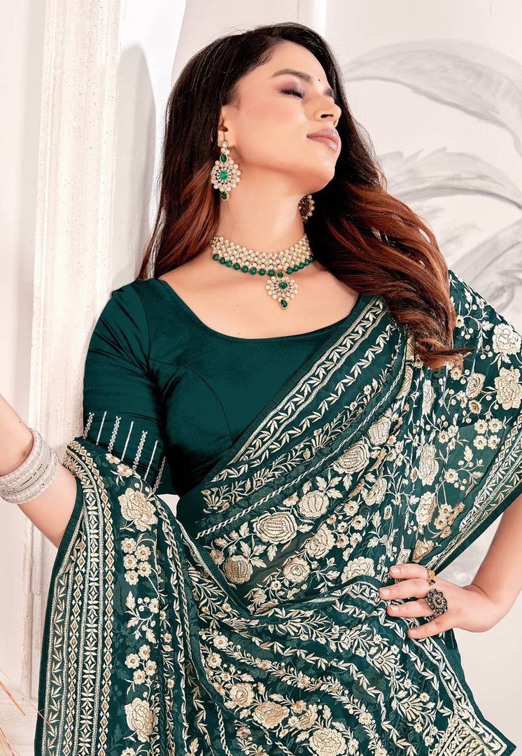 Teal Georgette Saree With Blouse