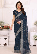 Load image into Gallery viewer, Teal Georgette Saree With Blouse
