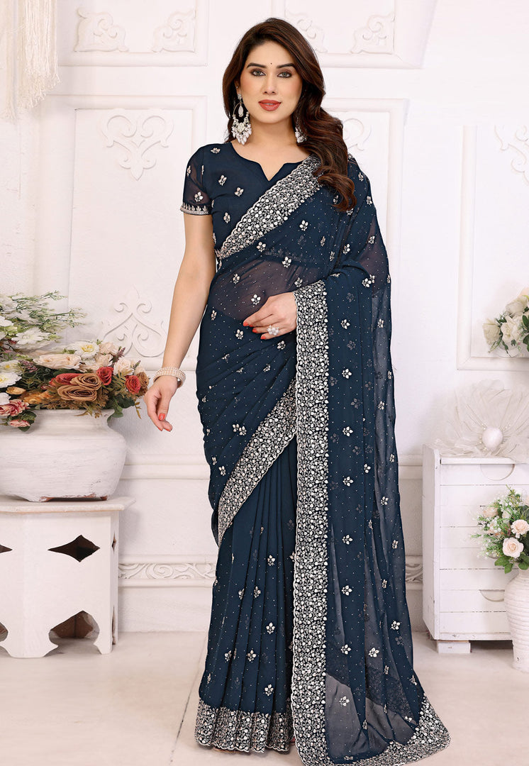Teal Georgette Saree With Blouse