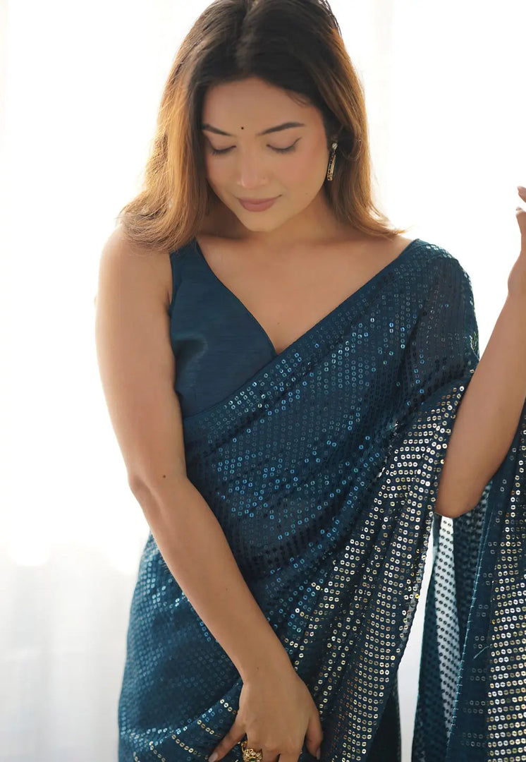 Teal Georgette Saree With Blouse