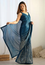 Load image into Gallery viewer, Teal Georgette Saree With Blouse
