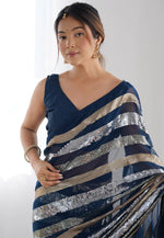 Load image into Gallery viewer, Teal Georgette Saree With Blouse
