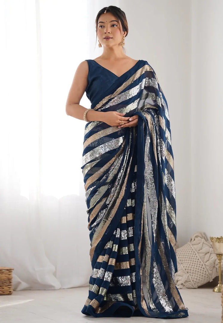 Teal Georgette Saree With Blouse