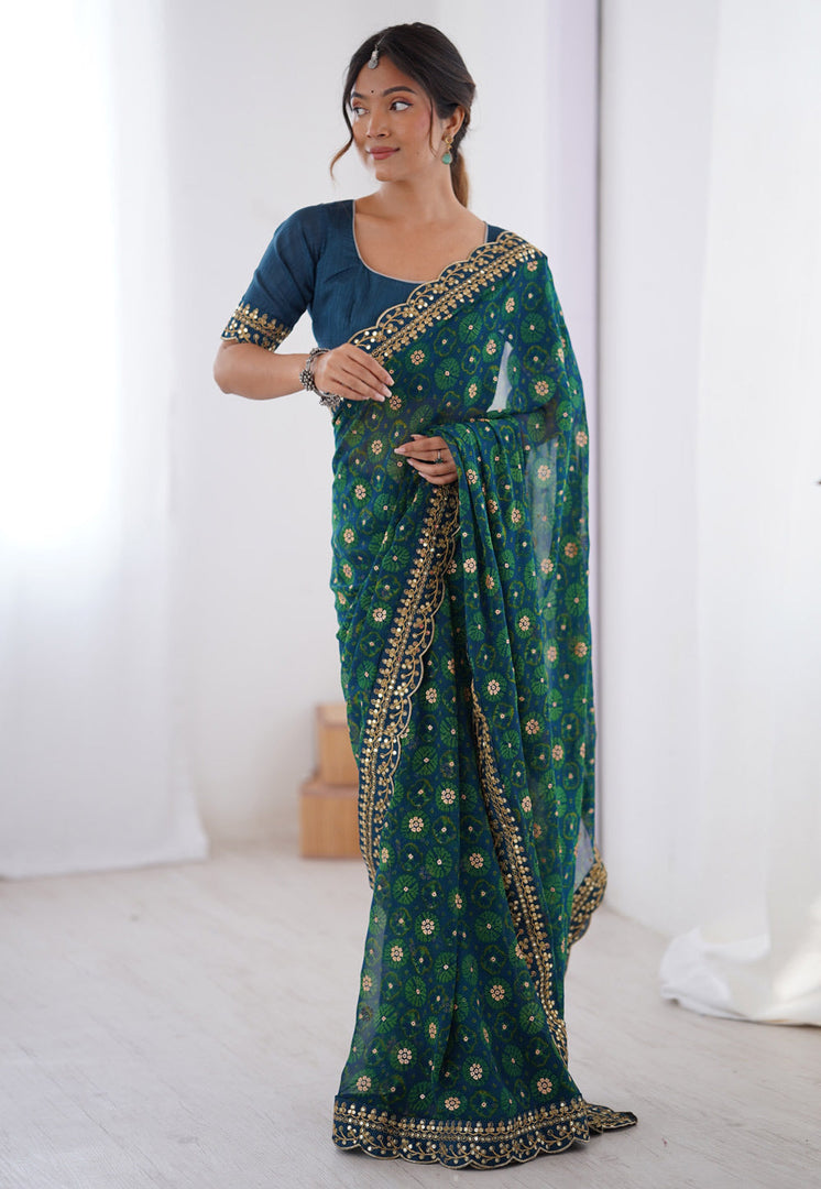 Teal Georgette Saree With Blouse