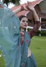 Load image into Gallery viewer, Teal Georgette Saree With Blouse
