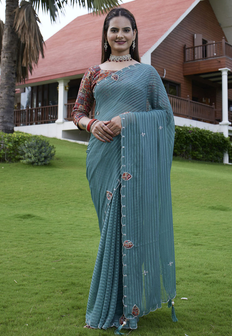 Teal Georgette Saree With Blouse