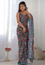 Load image into Gallery viewer, Teal Georgette Saree With Blouse
