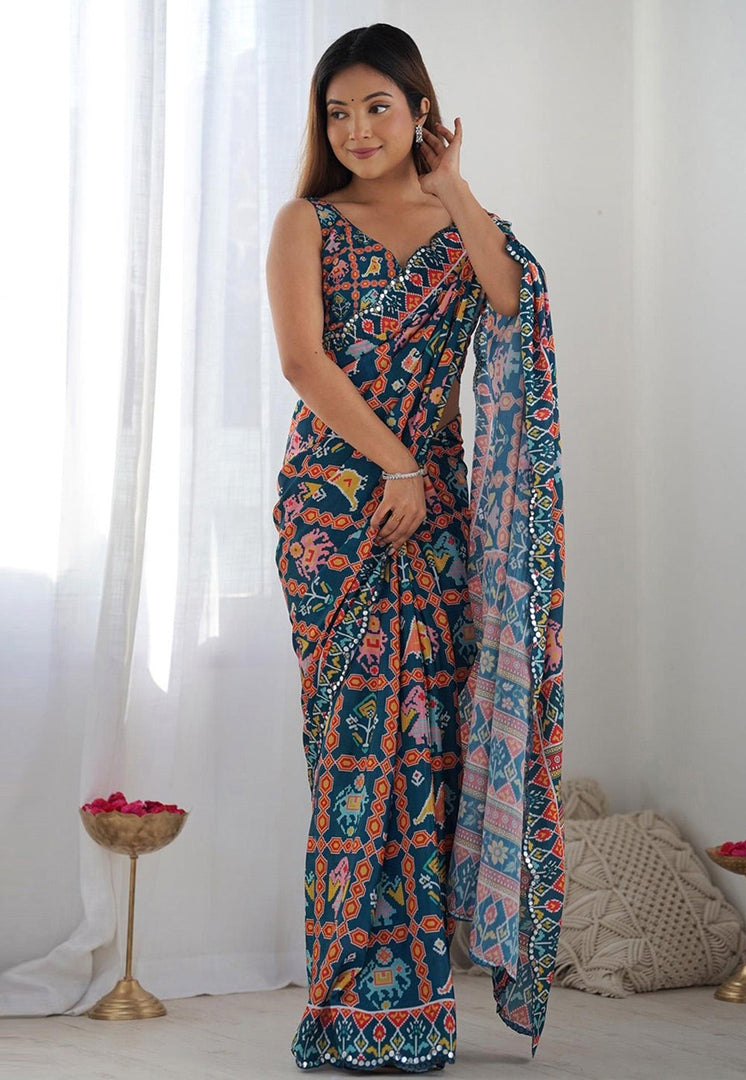 Teal Georgette Saree With Blouse