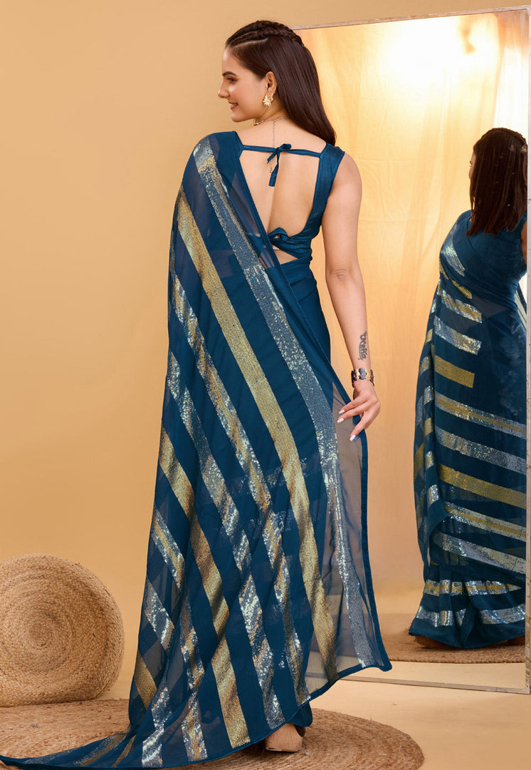 Teal Georgette Sequence Saree