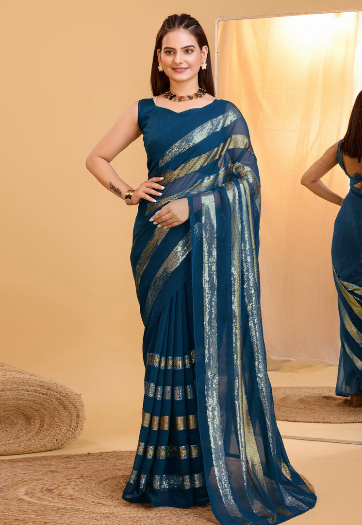 Teal Georgette Sequence Saree