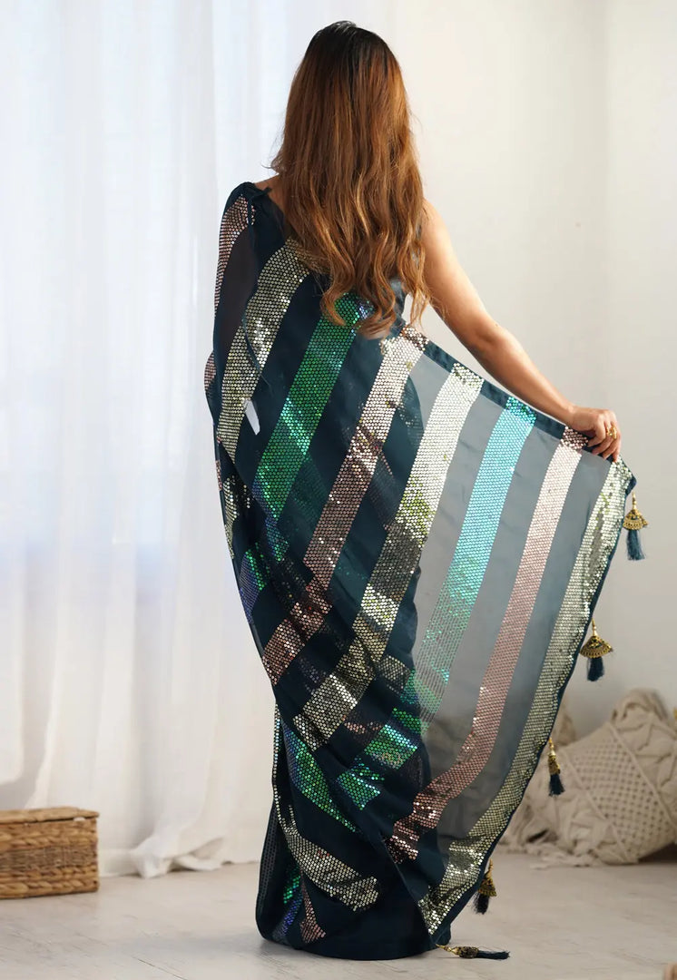 Teal Georgette Sequence Saree