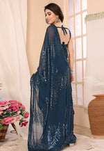 Load image into Gallery viewer, Teal Georgette Sequence Saree
