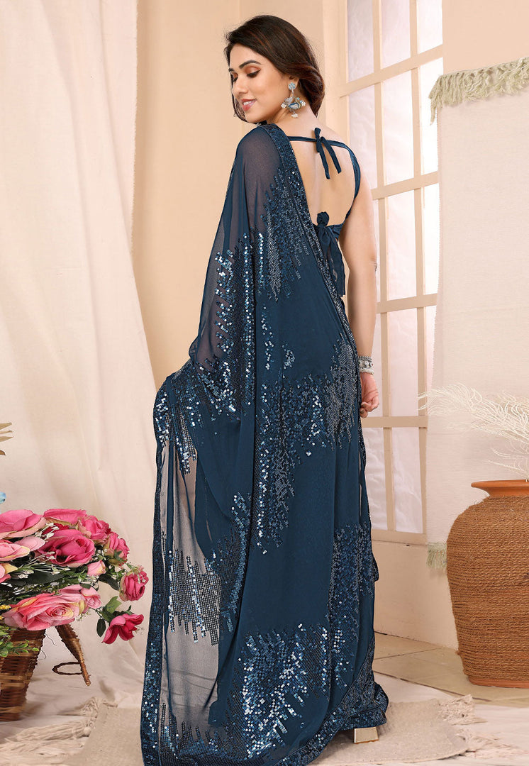 Teal Georgette Sequence Saree