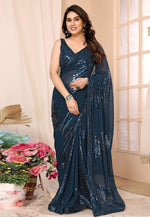 Load image into Gallery viewer, Teal Georgette Sequence Saree
