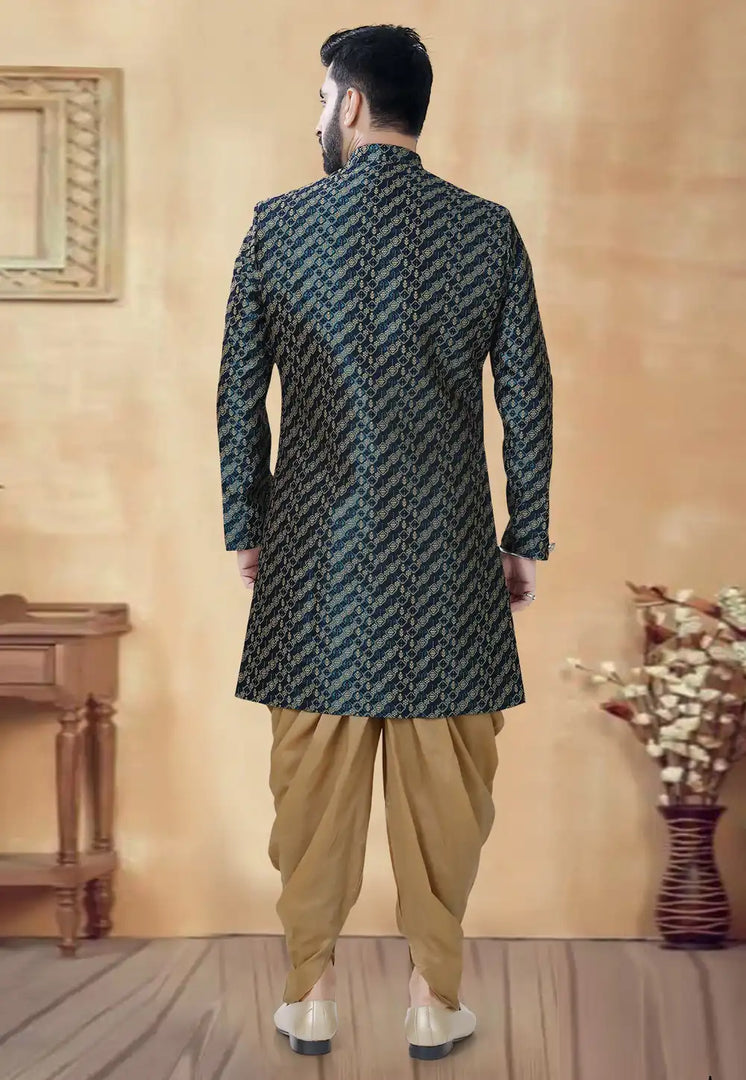 Teal Jacquard Dhoti Sherwani