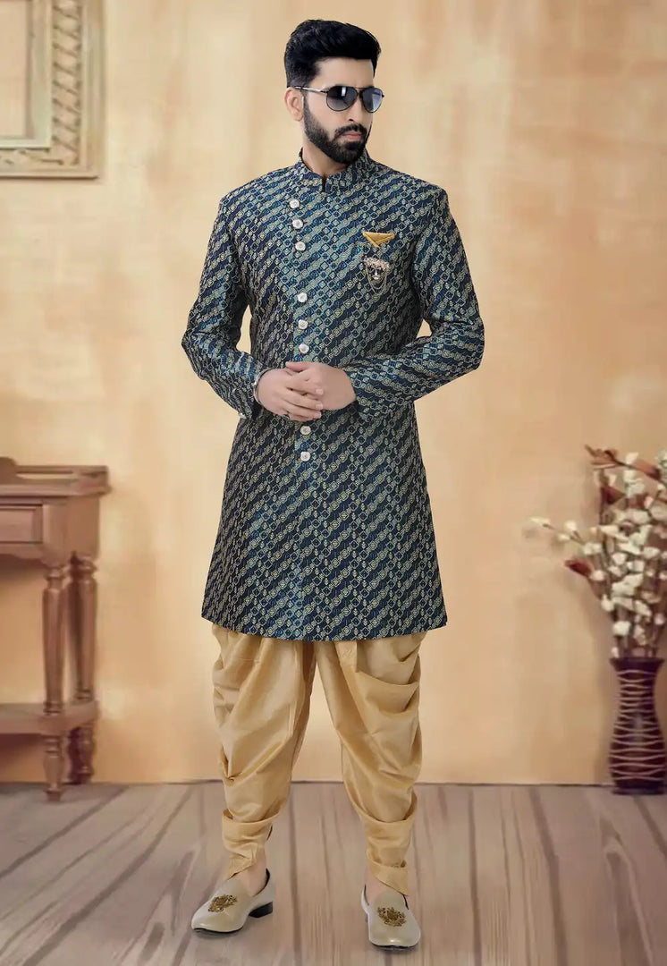 Teal Jacquard Dhoti Sherwani