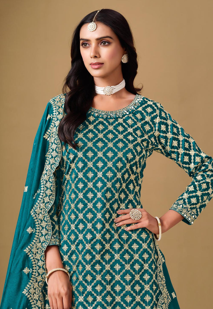 Teal Jacquard Indo Western Lehenga Choli