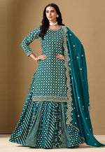 Load image into Gallery viewer, Teal Jacquard Indo Western Lehenga Choli
