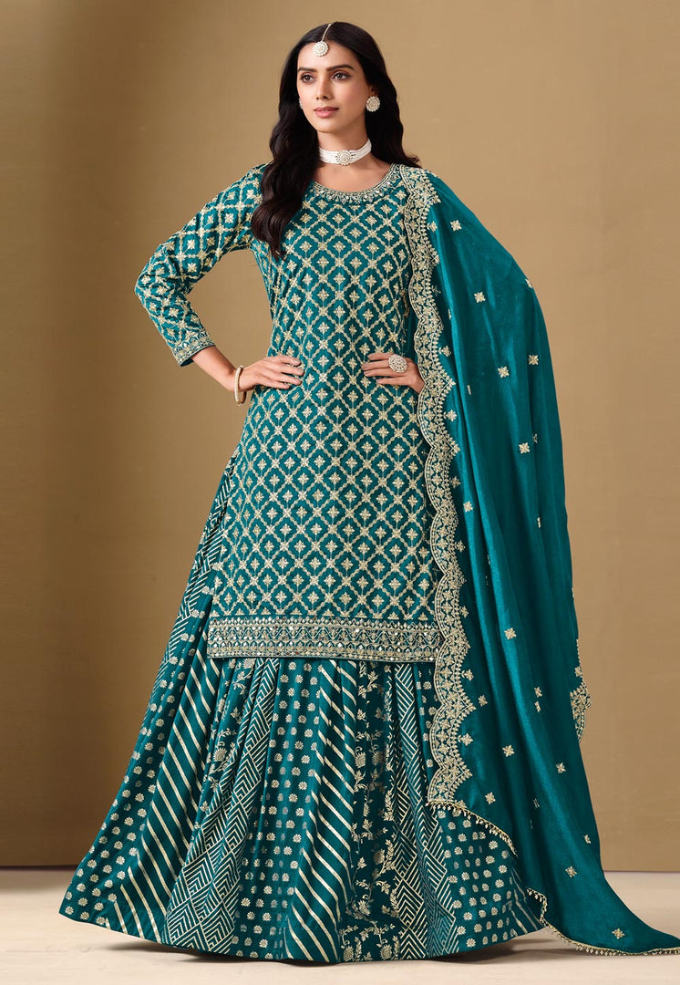 Teal Jacquard Indo Western Lehenga Choli