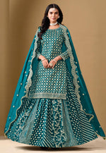 Load image into Gallery viewer, Teal Jacquard Indo Western Lehenga Choli

