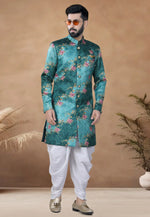Load image into Gallery viewer, Teal Jacquard Indo Western Suit

