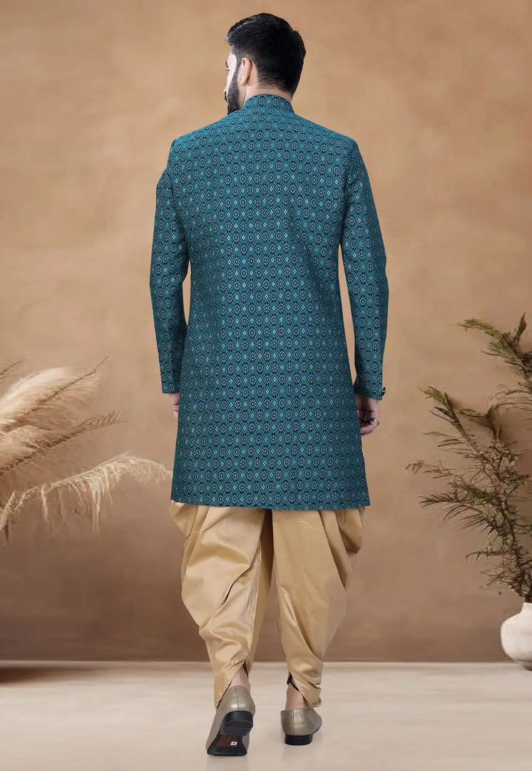 Teal Jacquard Indo Western Suit