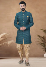 Load image into Gallery viewer, Teal Jacquard Indo Western Suit
