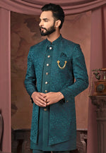 Load image into Gallery viewer, Teal Jacquard Jacket Style Sherwani
