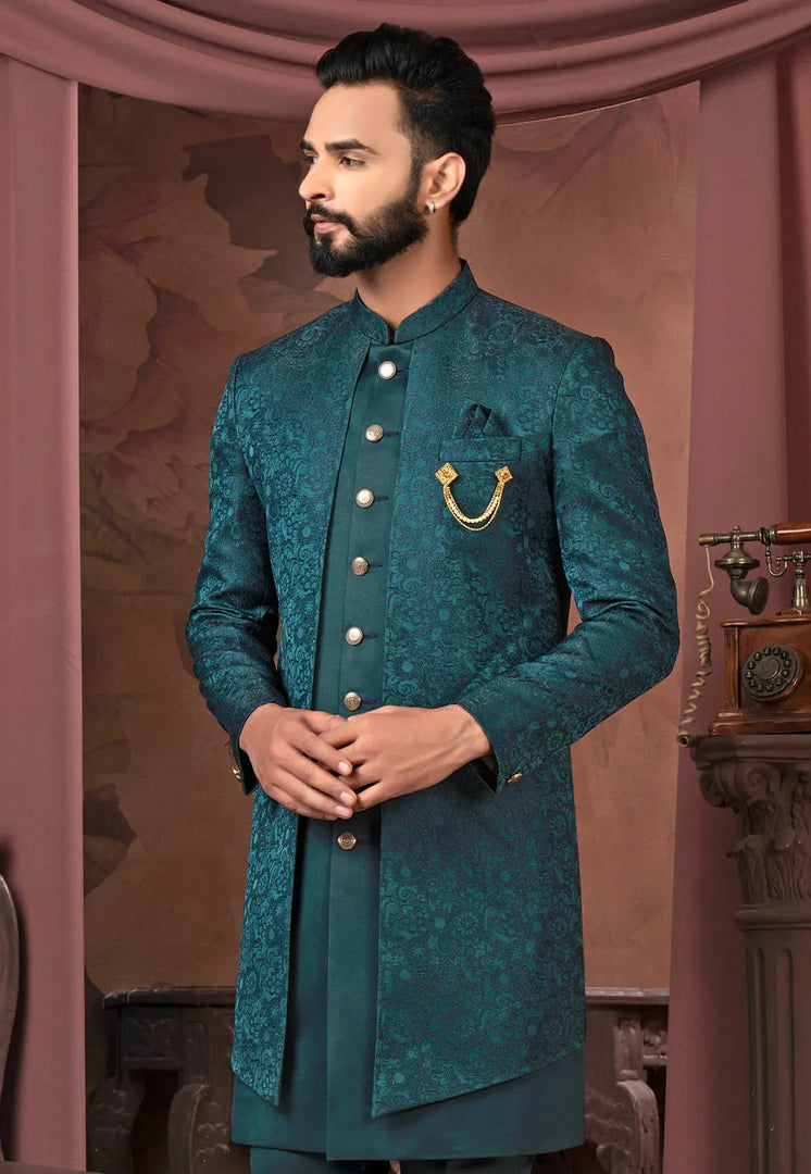 Teal Jacquard Jacket Style Sherwani