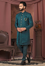 Load image into Gallery viewer, Teal Jacquard Jacket Style Sherwani
