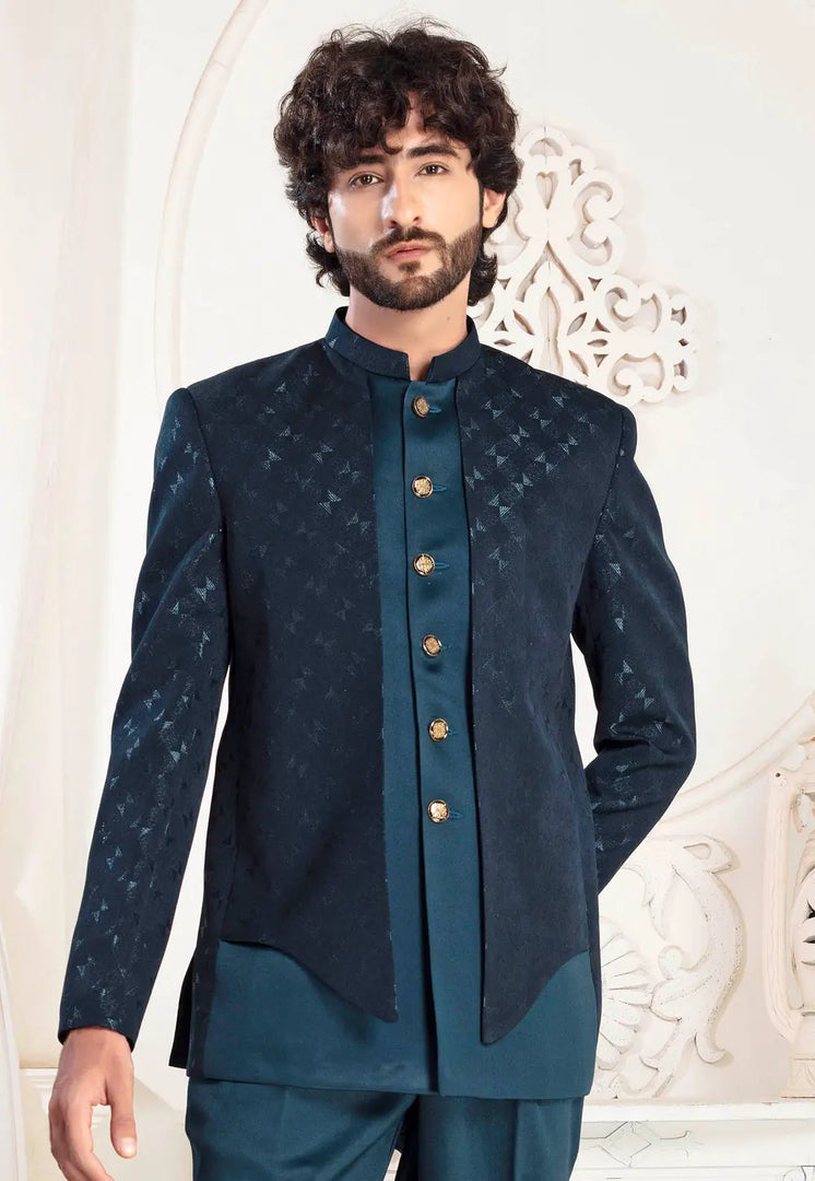 Teal Jacquard Jodhpuri Suit