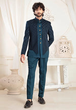 Load image into Gallery viewer, Teal Jacquard Jodhpuri Suit
