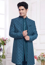 Load image into Gallery viewer, Teal Jacquard Silk Jacket Style Sherwani

