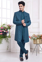 Load image into Gallery viewer, Teal Jacquard Silk Jacket Style Sherwani
