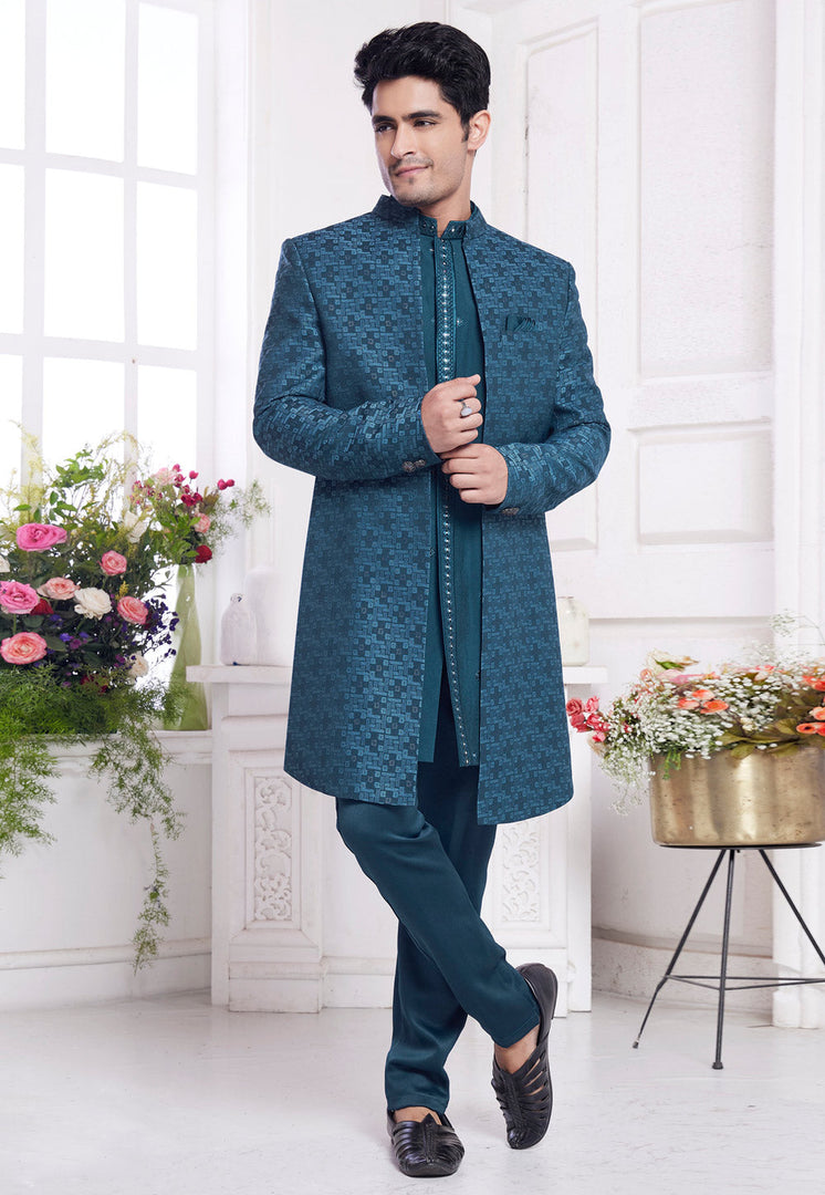 Teal Jacquard Silk Jacket Style Sherwani