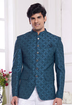 Load image into Gallery viewer, Teal Jacquard Silk Jodhpuri Suit

